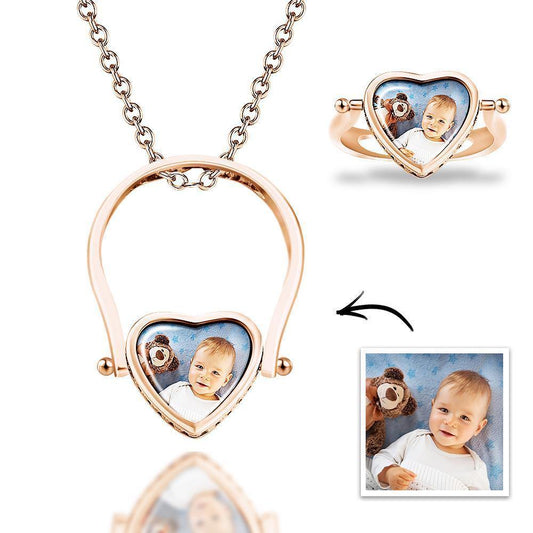 Photo Necklace, Photo Ring Gifts Dual-use (Ring Size 7#) Rose Gold Plated