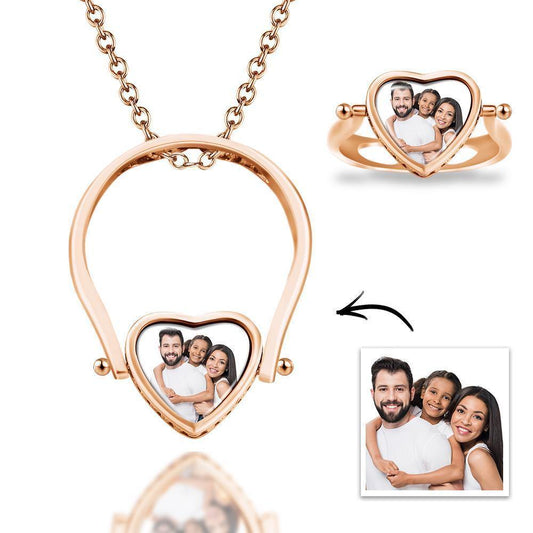 Photo Necklace, Photo Ring Couple's Gifts Dual-use (Ring Size 8#) Rose Gold Plated