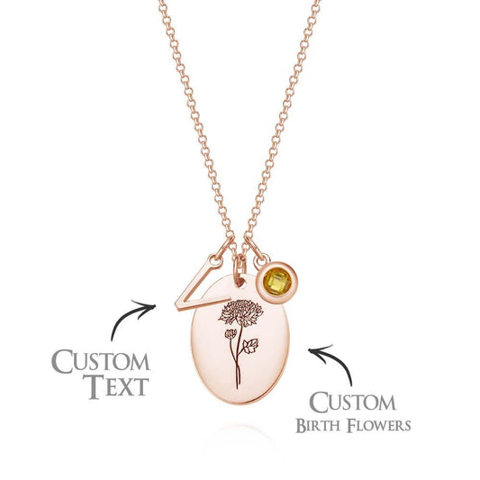 Personalized Text Birthstone Necklace Birth Flower Necklace Gift for Mom