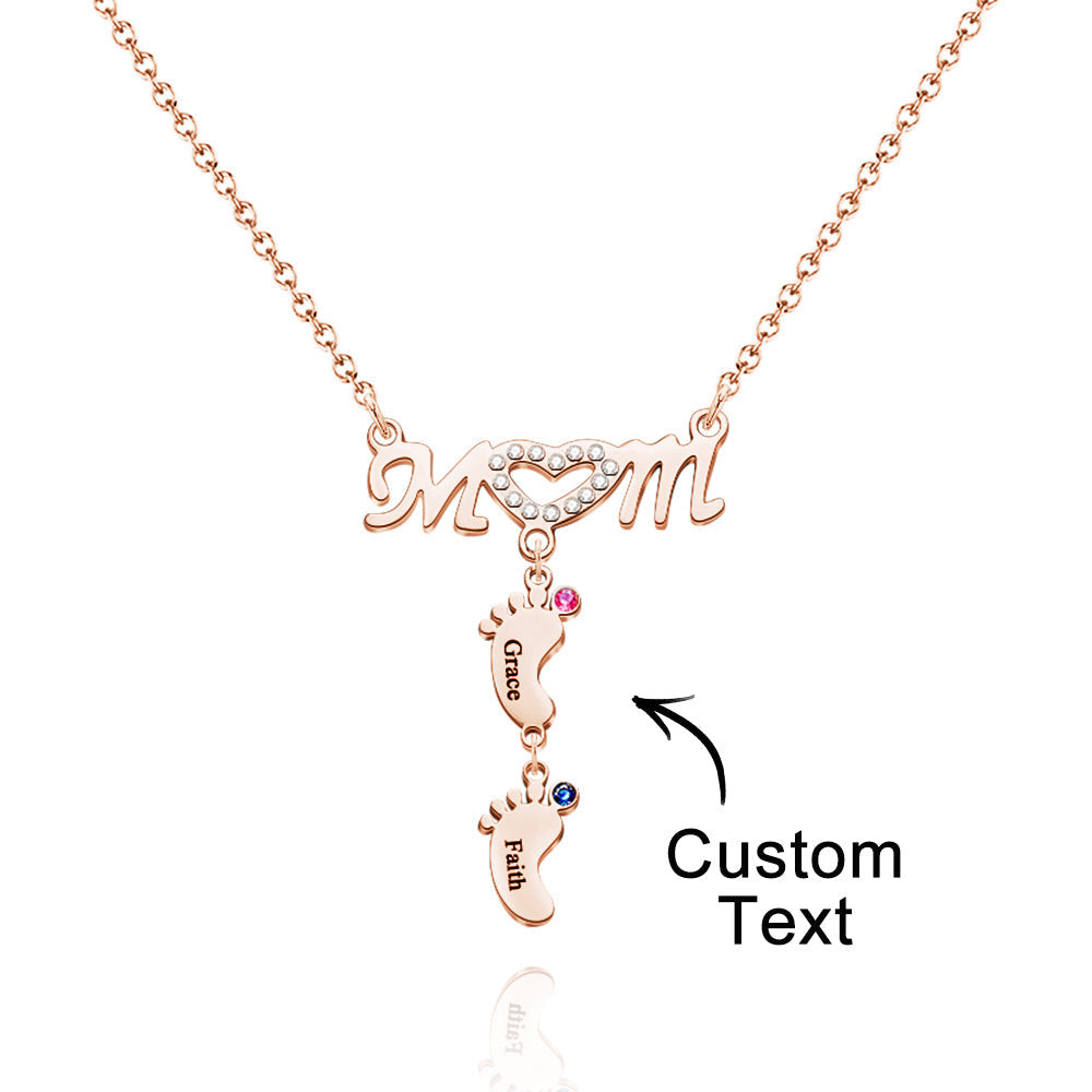 Mother's Necklace With Small Custom Name & Birthstone Baby Foot Charms