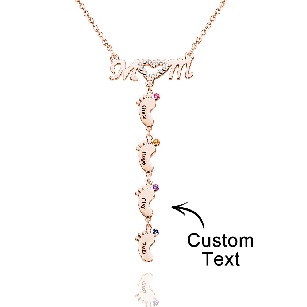 Mother's Necklace With Small Custom Name & Birthstone Baby Foot Charms