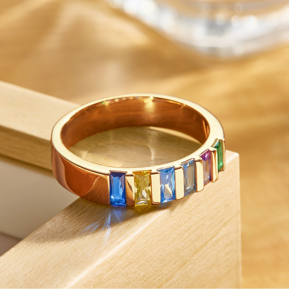 Custom Baguette Birthstone Ring 18k Gold Plated Personalized Family Ring Gift For Her
