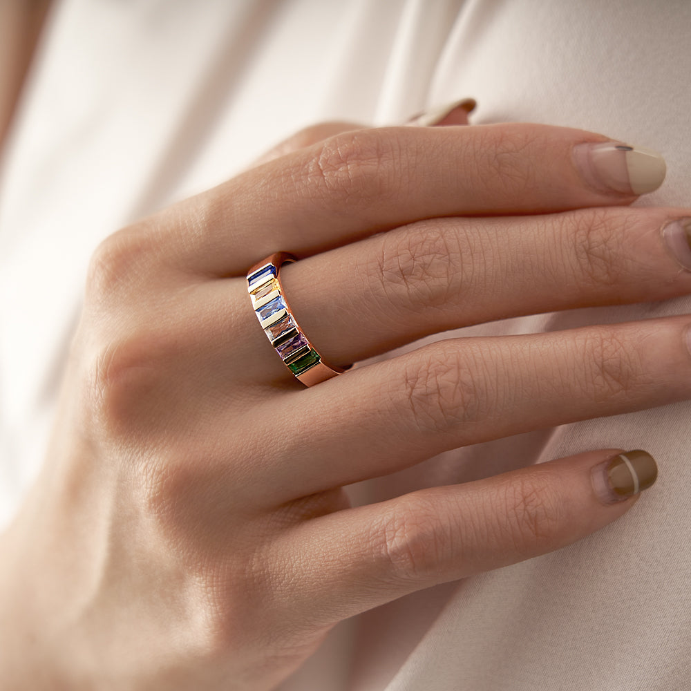 Custom Baguette Birthstone Ring 18k Gold Plated Personalized Family Ring Gift For Her