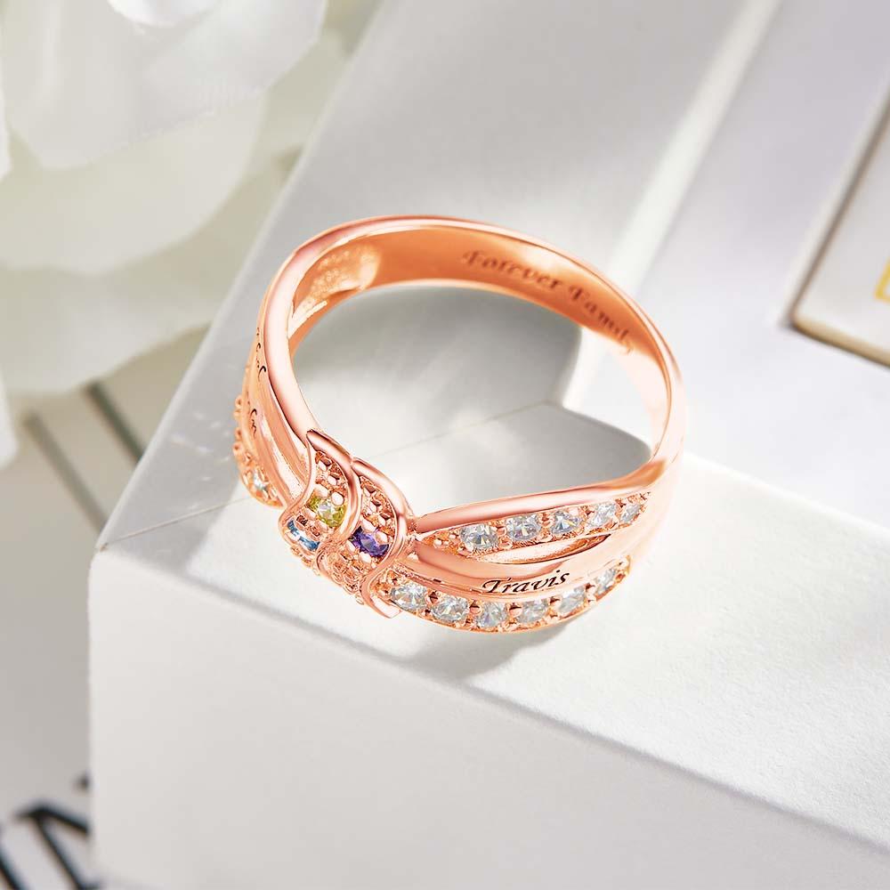 Custom Name and Text Birthstone Ring Rose Gold Plated Personalized Family Ring Gift For Her