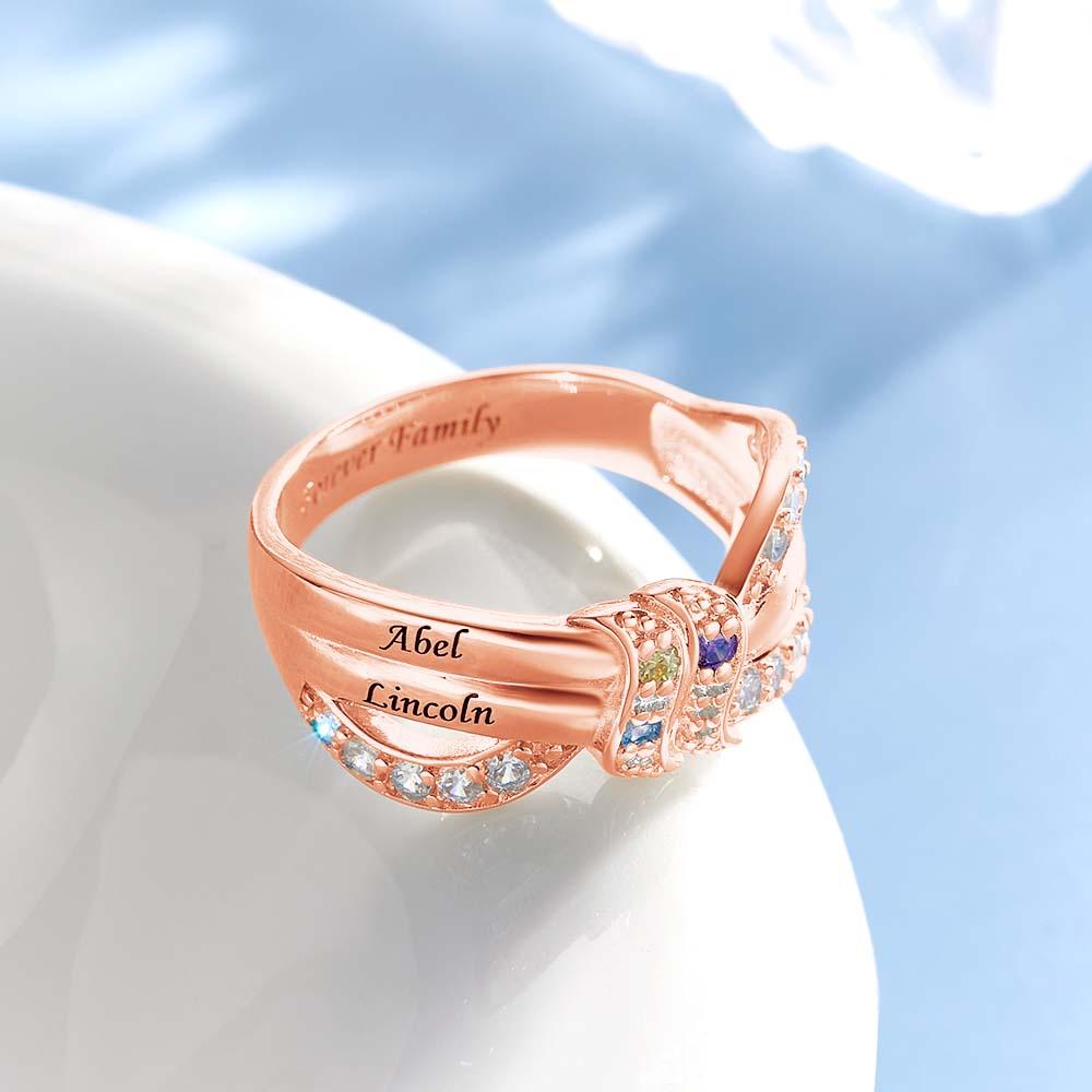Custom Name and Text Birthstone Ring Rose Gold Plated Personalized Family Ring Gift For Her