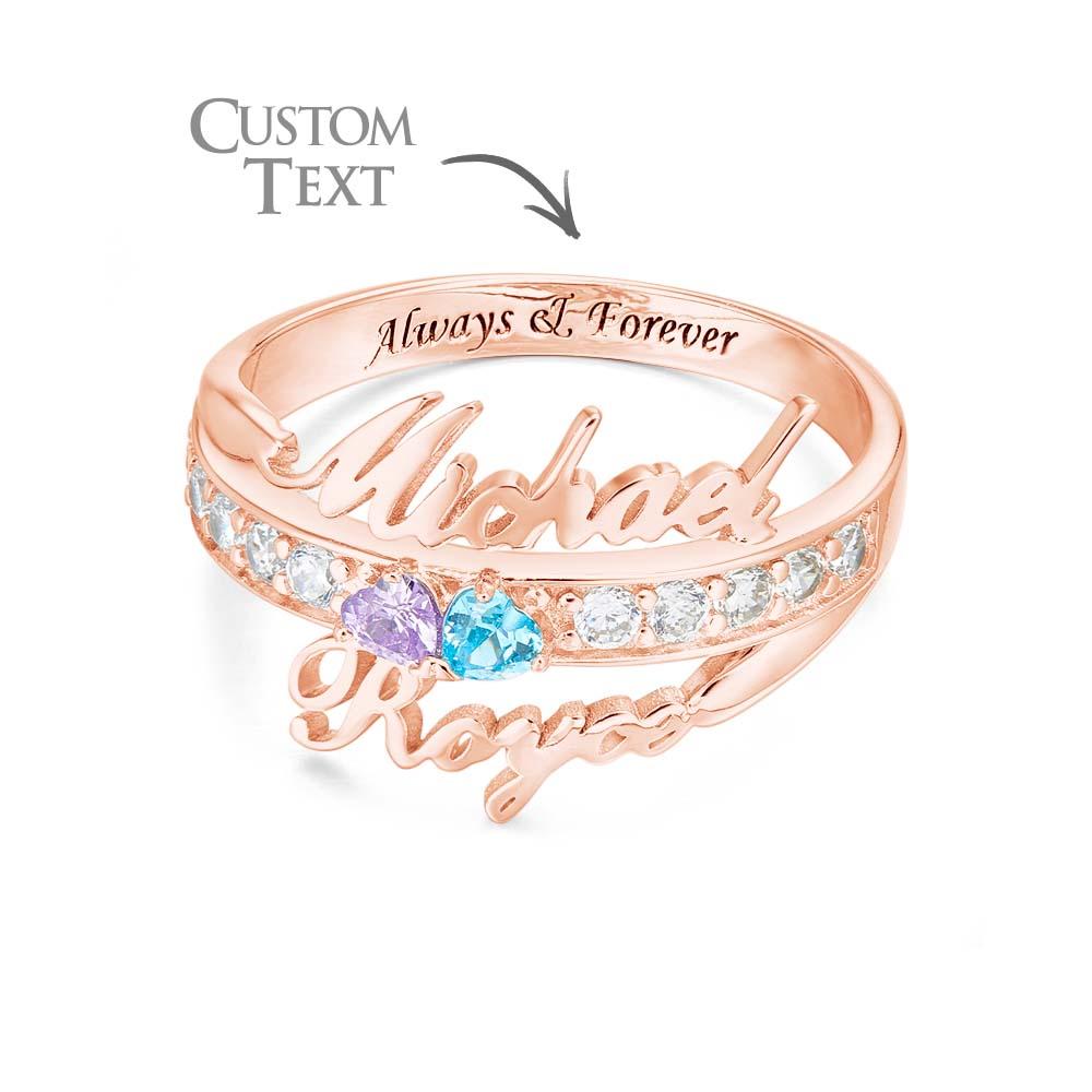 Custom Name and Text Double Heart Birthstone Promise Ring Anniversary Gift