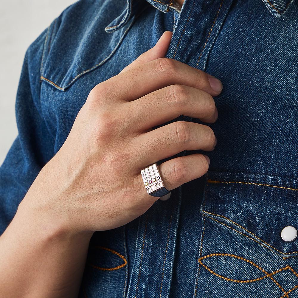 Men's Ring with Birthstones Names Personalized Dad Ring for Family