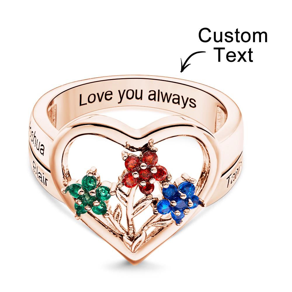 Custom Birthstone Engraved Rings Creative Flowers Rose Gold Gifts