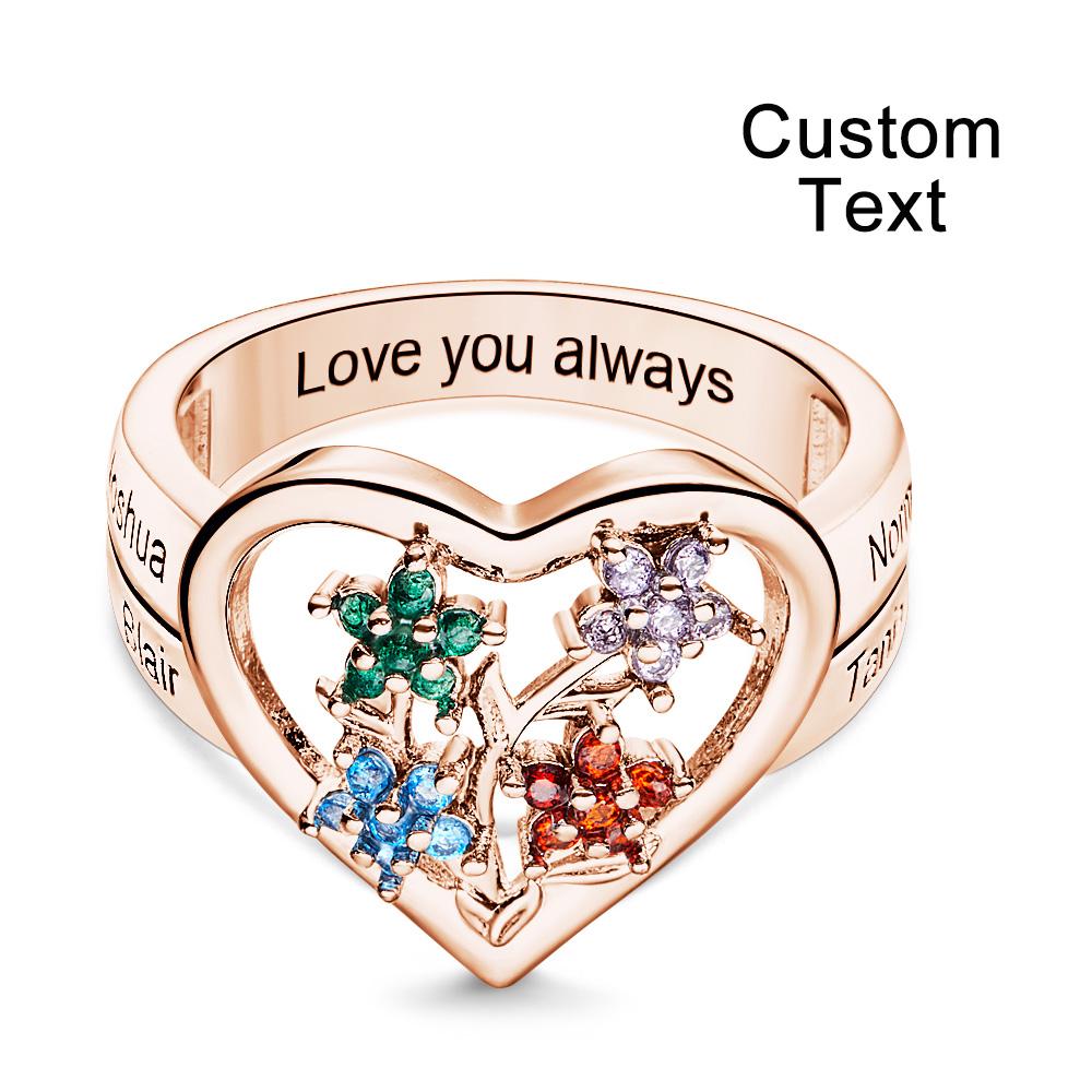 Custom Birthstone Engraved Rings Creative Flowers Rose Gold Gifts
