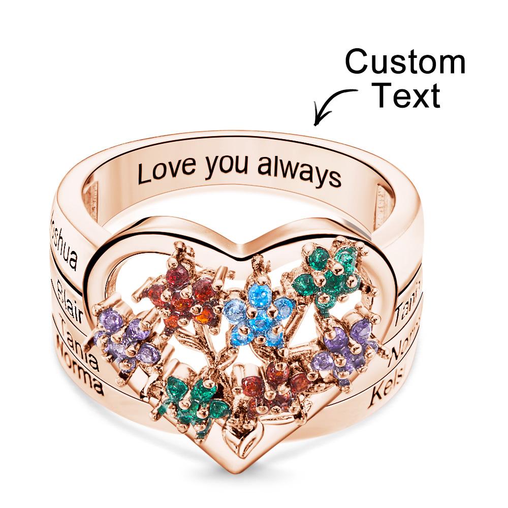 Custom Birthstone Engraved Rings Creative Flowers Rose Gold Gifts