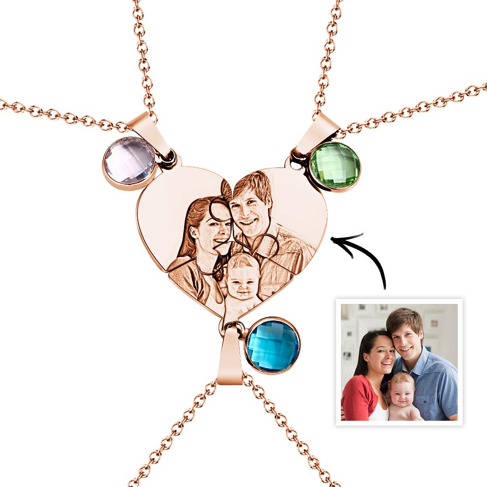 Personalized Photo Three Heart Puzzle Necklace With Birthstone Pendant Jewelry Gifts For Family