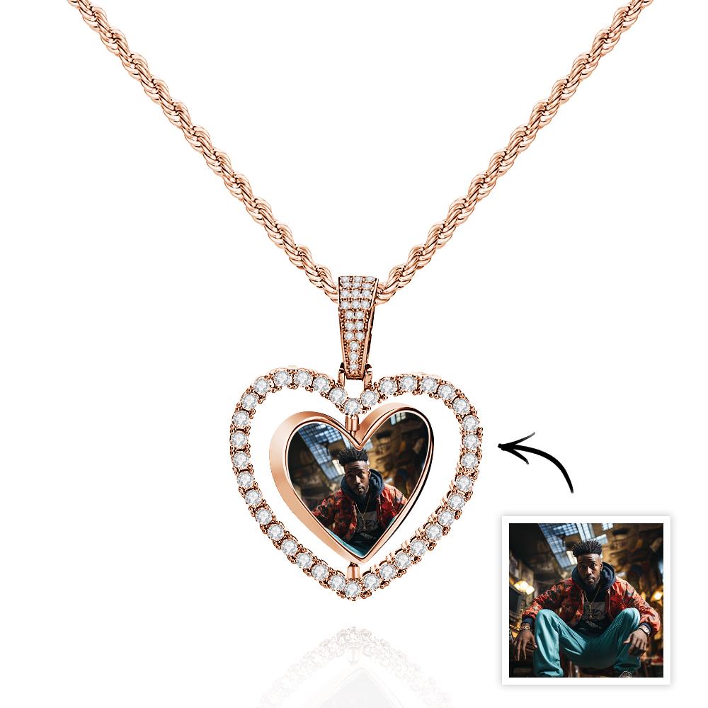 Hip Hop Photo Necklace Rotatable Heart Hollow-out Zircon Pendant Jewelry Gifts For Men
