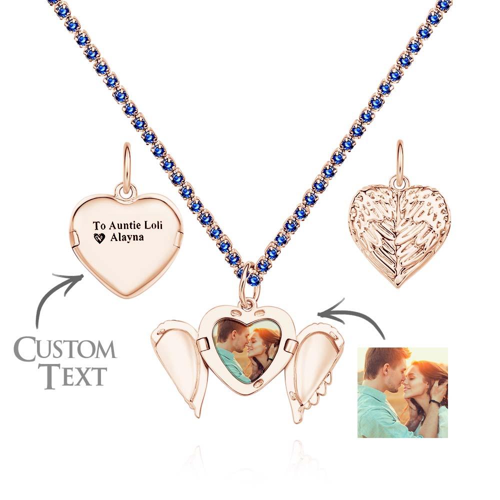Engravable Photo Locket Necklace Tennis Chain Personalized Heart Angel Wings Gift For Her
