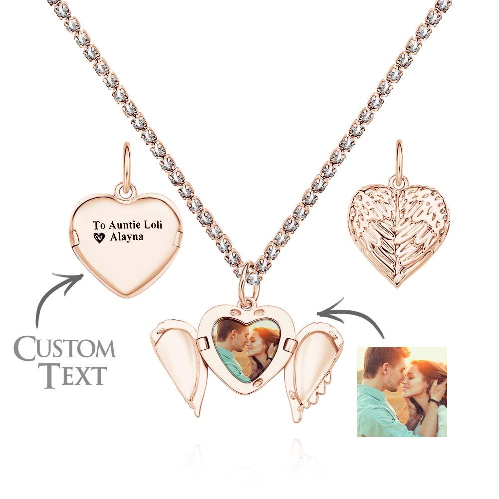 Engravable Photo Locket Necklace Tennis Chain Personalized Heart Angel Wings Gift For Her