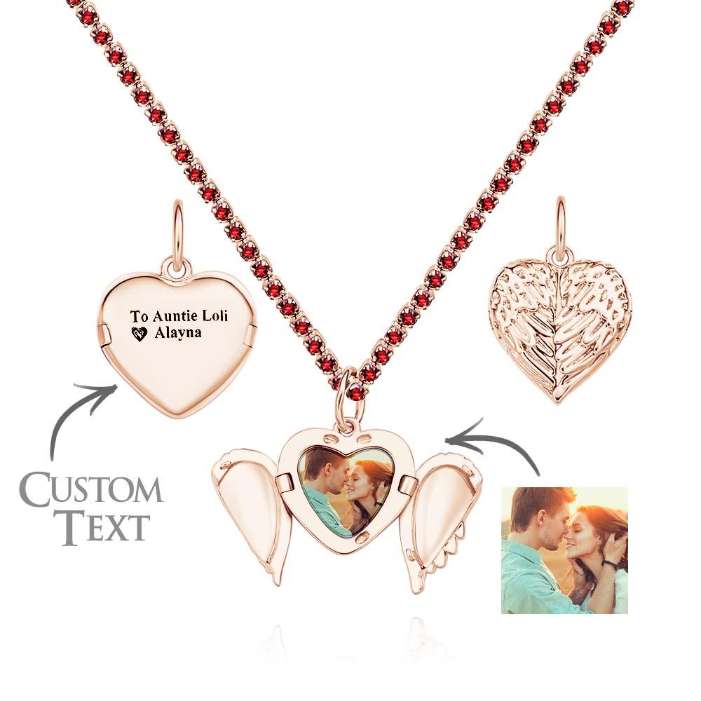 Engravable Photo Locket Necklace Tennis Chain Personalized Heart Angel Wings Gift For Her