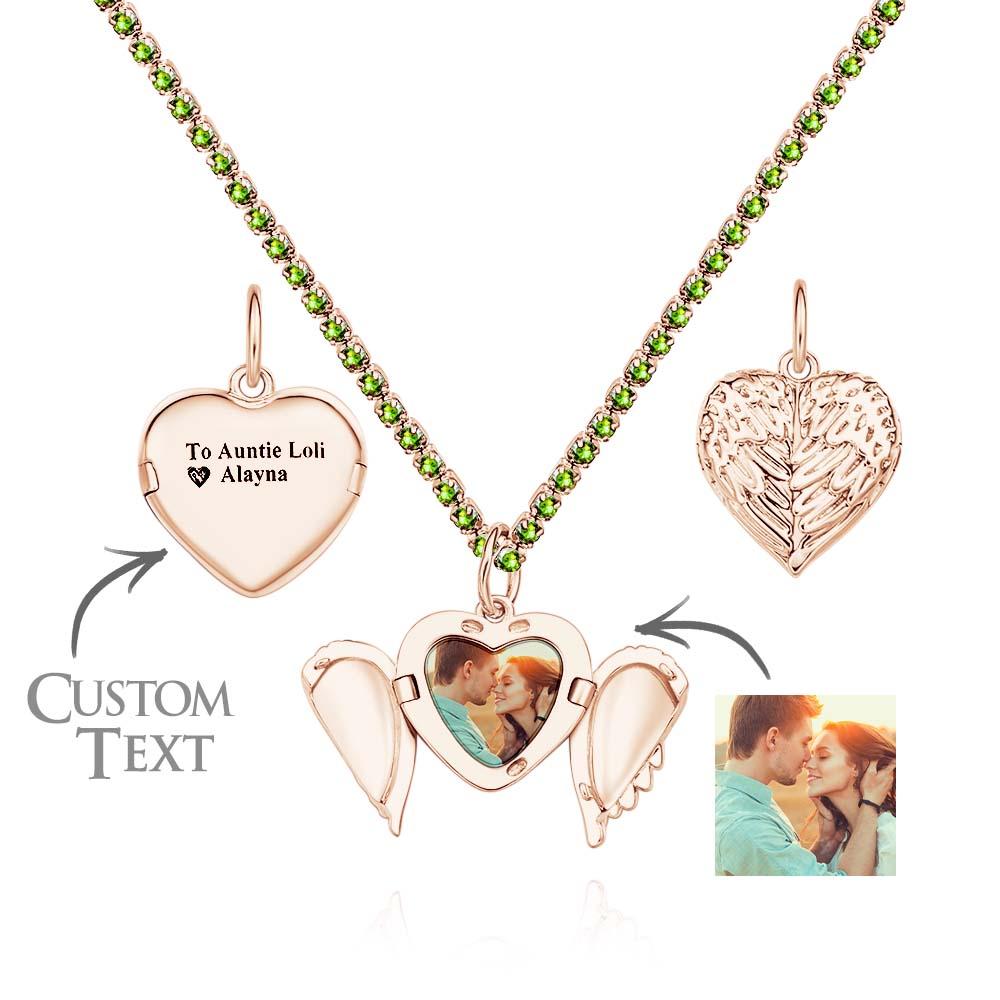 Engravable Photo Locket Necklace Tennis Chain Personalized Heart Angel Wings Gift For Her