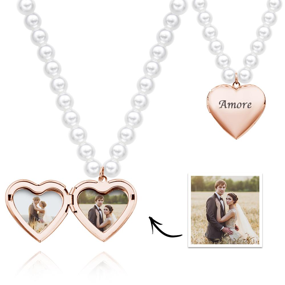 Custom Photo Engraved Necklace Pearl Heart Couple Gift
