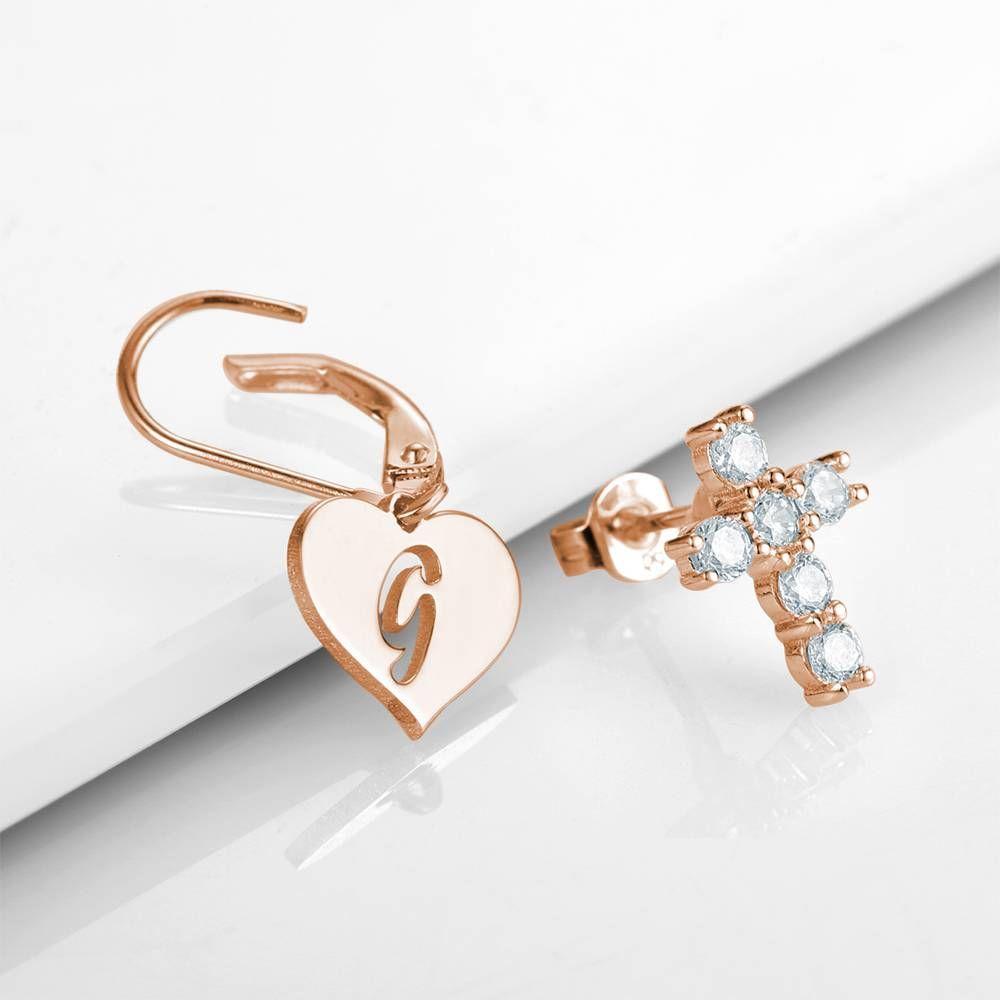 Initial Drop Earrings, Asymmetry Earrings Hollow Letter with Cross Rose Gold Plated