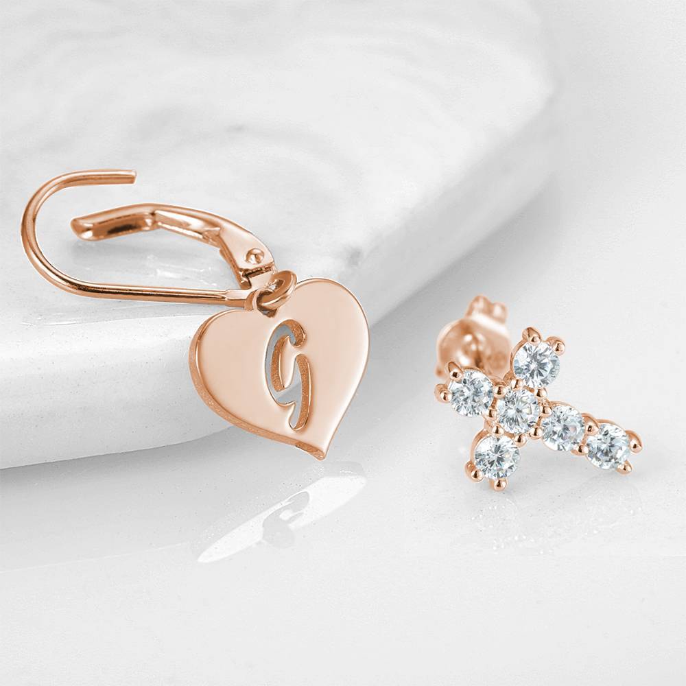 Initial Drop Earrings, Asymmetry Earrings Hollow Letter with Cross Rose Gold Plated