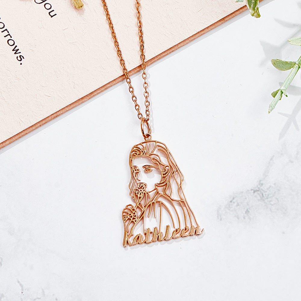 Personalized Name Portrait Line Art Drawing Necklace for Her