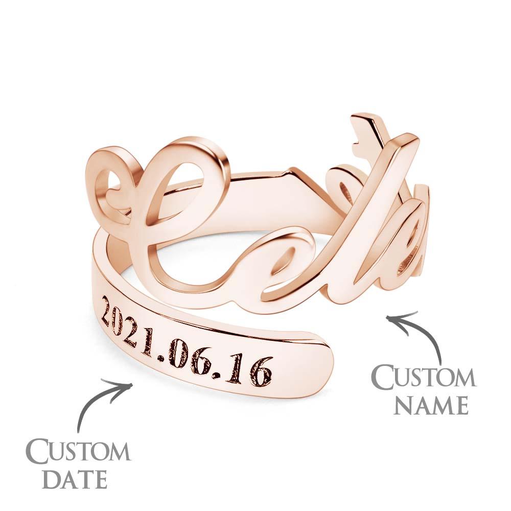 Minimalist Spiral Engraved Name Adjustable Open Ring Personalized Text Commemorative Ring