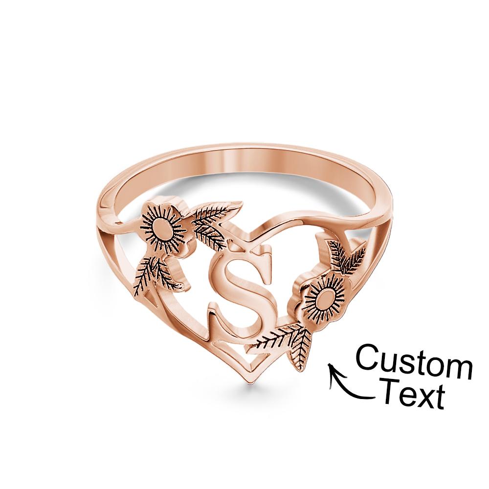 Custom Initials Letter Heart and Flowers Rings Custom Dainty Letter Ring Personalized Gift for Her