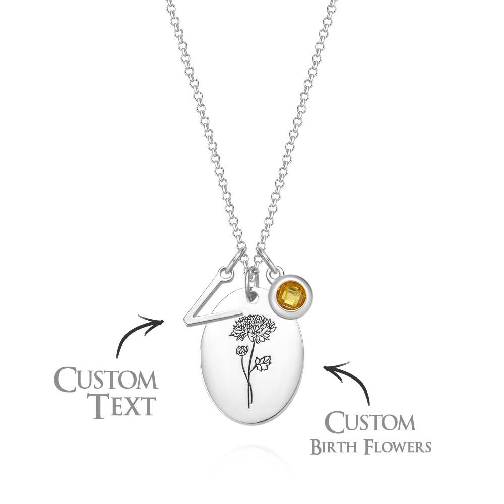 Personalized Text Birthstone Necklace Birth Flower Necklace Gift for Mom