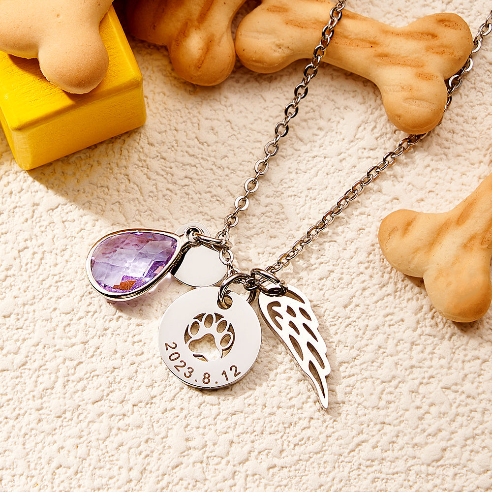 Custom Engraved Birthstone Necklace Memorial Gift for Pet Lover