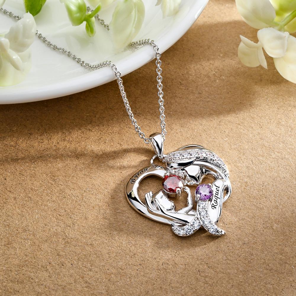 Engravable Mom And Baby Necklace With Birthstone Warm Gifts For Mom