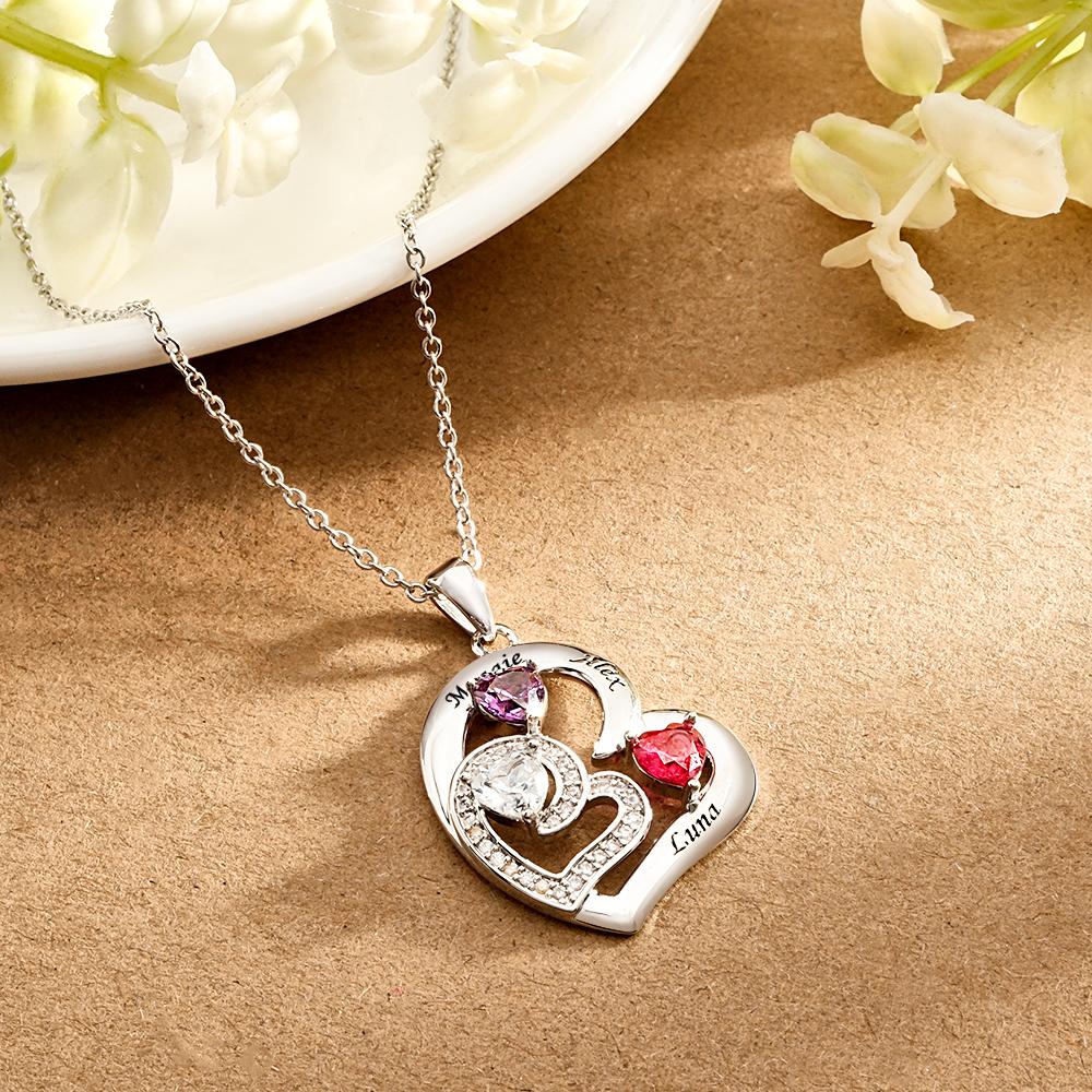 Personalized Heart Birthstone Necklace Charming Engraved Pendant Jewelry Gift For Her
