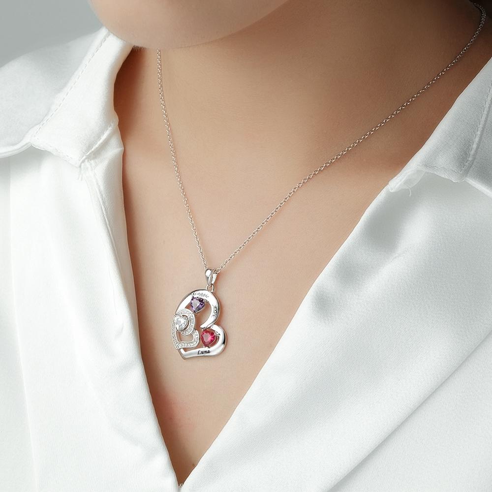 Personalized Heart Birthstone Necklace Charming Engraved Pendant Jewelry Gift For Her