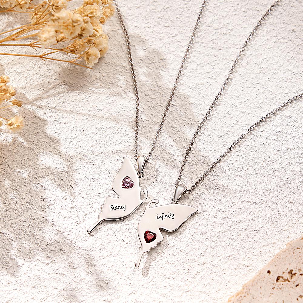 Custom Engraved Butterfly Necklace With Heart Birthstone Double Chains Creative Gifts For Sisters