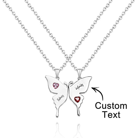 Custom Engraved Butterfly Necklace With Heart Birthstone Double Chains Creative Gifts For Sisters
