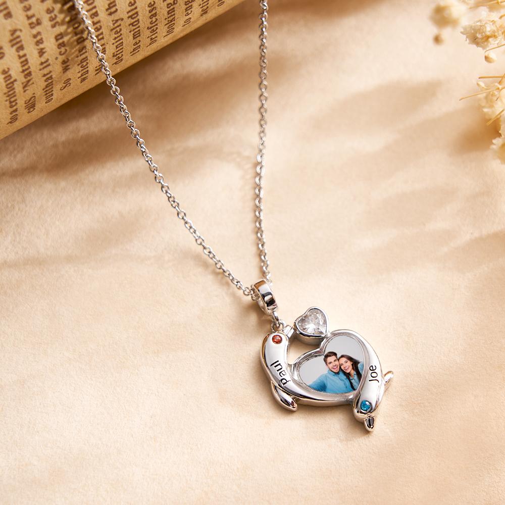 Personalized Photo Dolphin Birthstone Necklace Valentine's Day Gifts For Couples