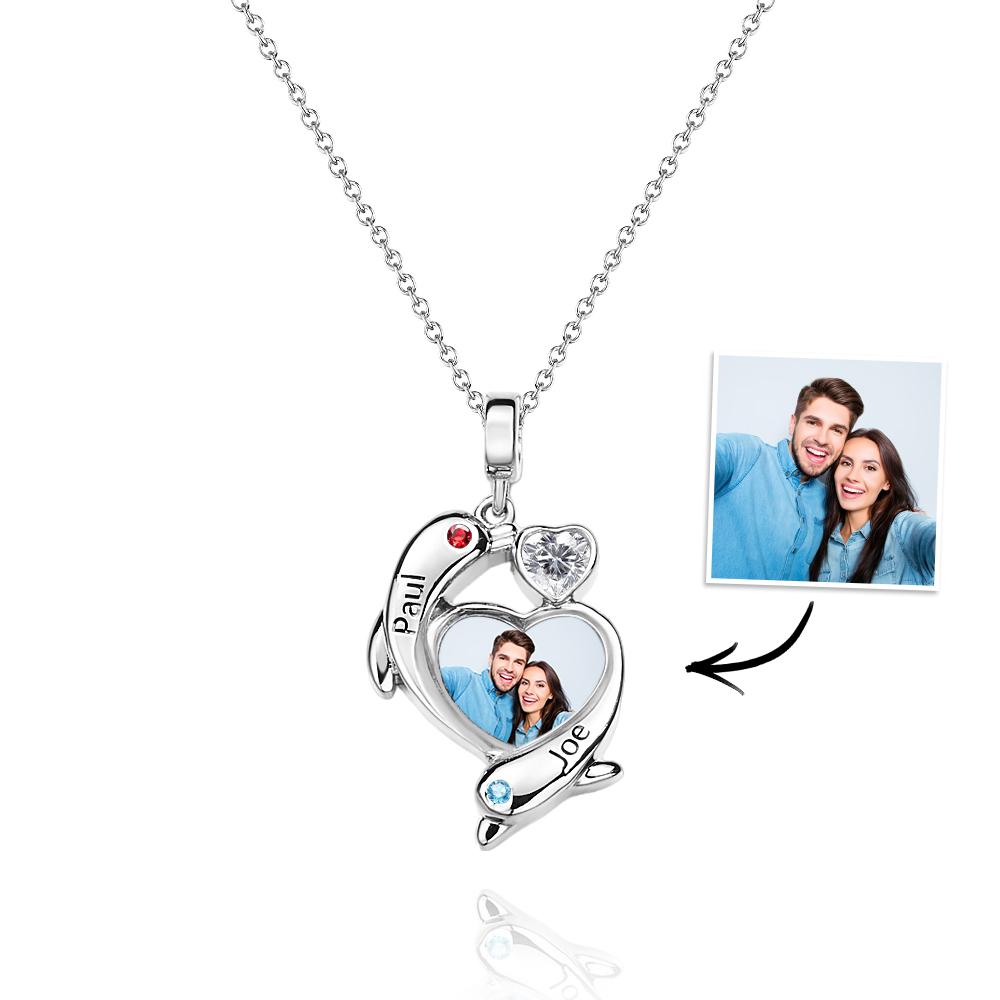 Personalized Photo Dolphin Birthstone Necklace Valentine's Day Gifts For Couples