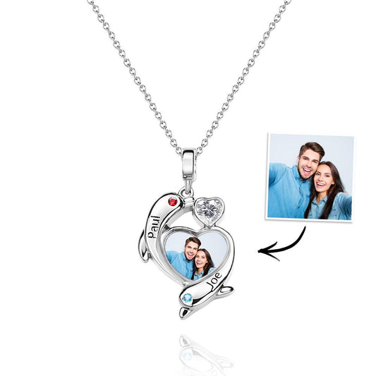 Personalized Photo Dolphin Birthstone Necklace Valentine's Day Gifts For Couples
