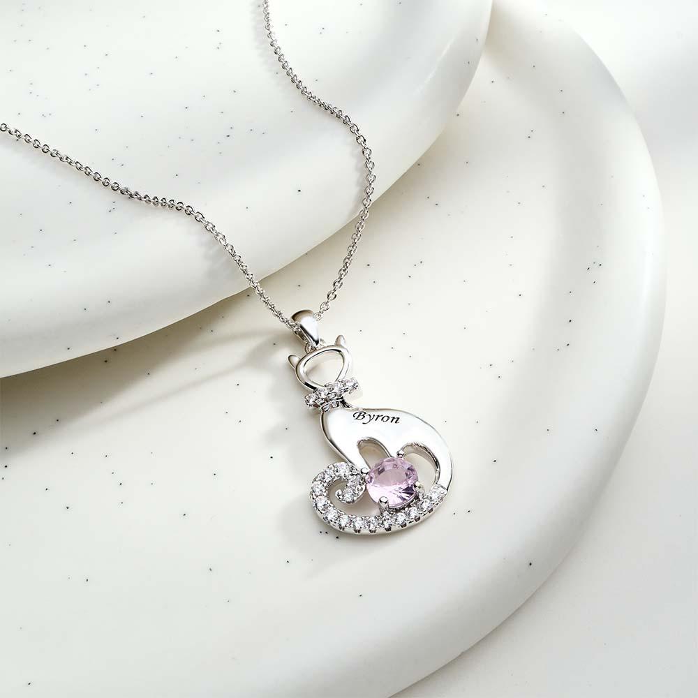 Lovely Cat Birthstone Necklace With Text Unique Zircon Pendant Jewelry Gifts For Women