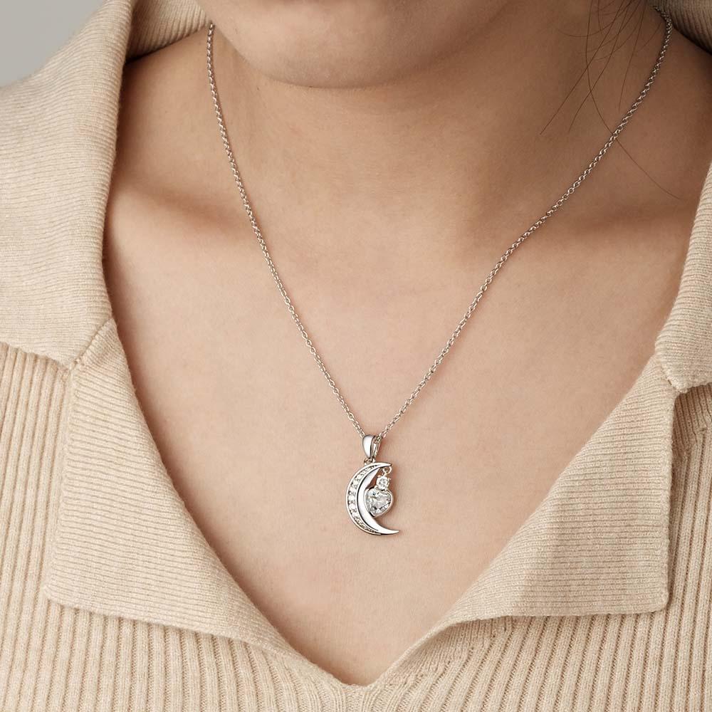 Engravable Zircon Moon Necklace With Heart Birthstone Pendant Jewelry Gifts For Her