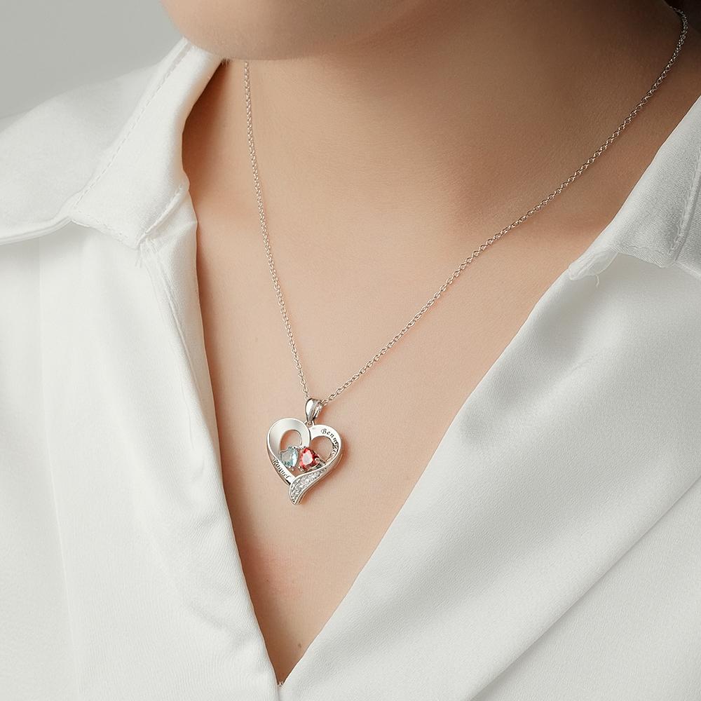 Engravable Birthstone Necklace Hollow Out Heart Pendant Jewelry Gifts For Her