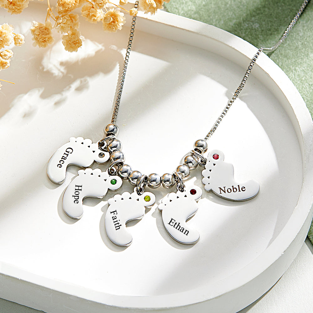 Custom Name Birthstone Baby Feet Charm Necklace For Christmas