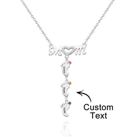 Mother's Necklace With Small Custom Name & Birthstone Baby Foot Charms
