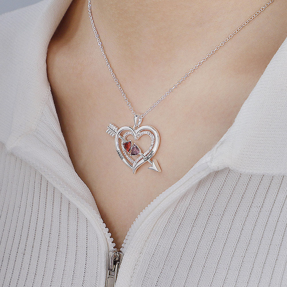 Personalized Name Birthstone Cupid Arrow Heart Necklace Engrave Necklace for Her
