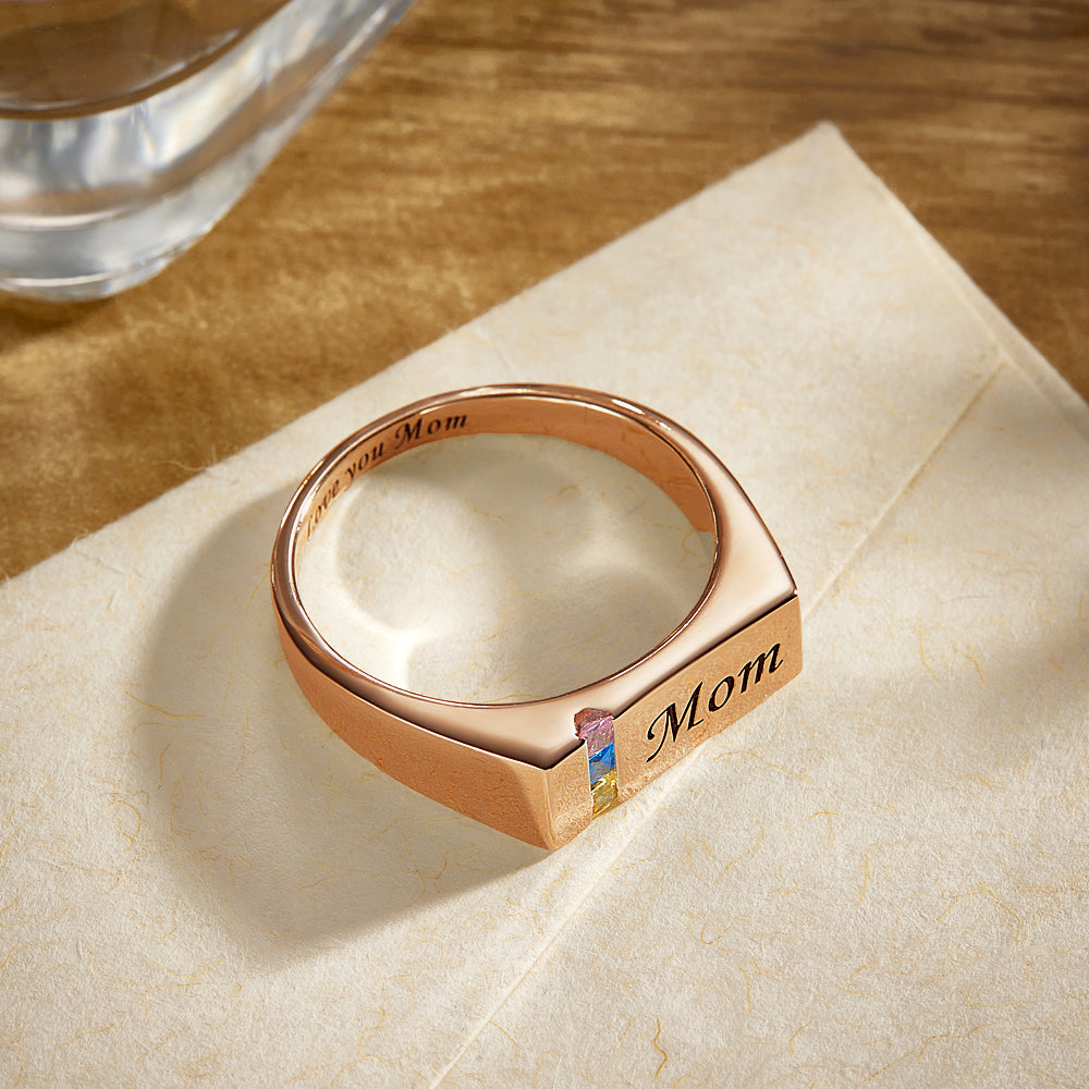 Custom Text Birthstone Ring Rose Gold Plated Personalized Family Ring Gift For Her