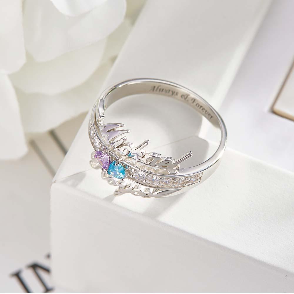 Custom Name and Text Double Heart Birthstone Promise Ring Anniversary Gift