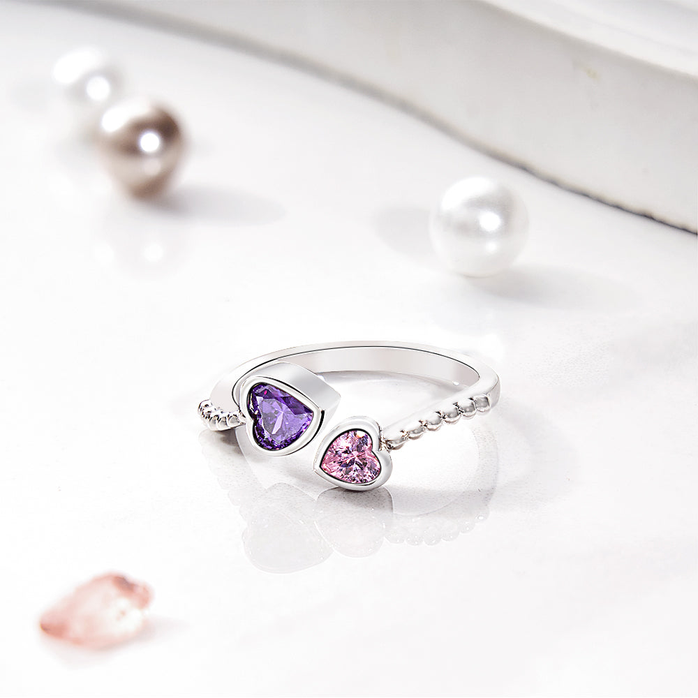 Personalized Birthstones Ring Adjustable Open Double Heart Ring Gift for Her