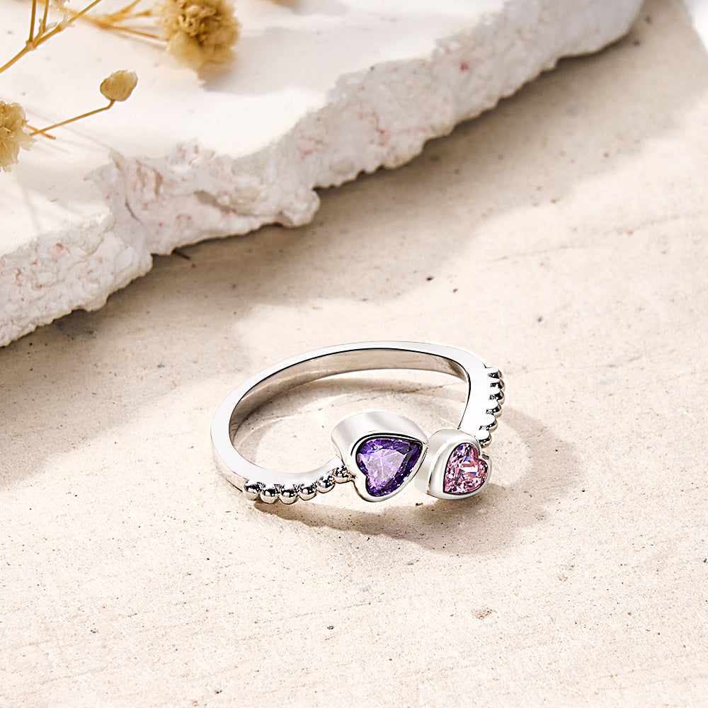 Personalized Birthstones Ring Adjustable Open Double Heart Ring Gift for Her
