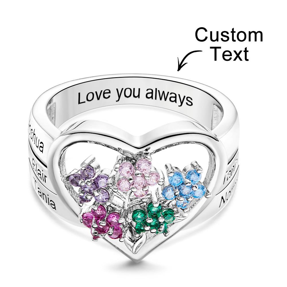 Custom Birthstone Engraved Rings Creative Flowers Silver Gifts