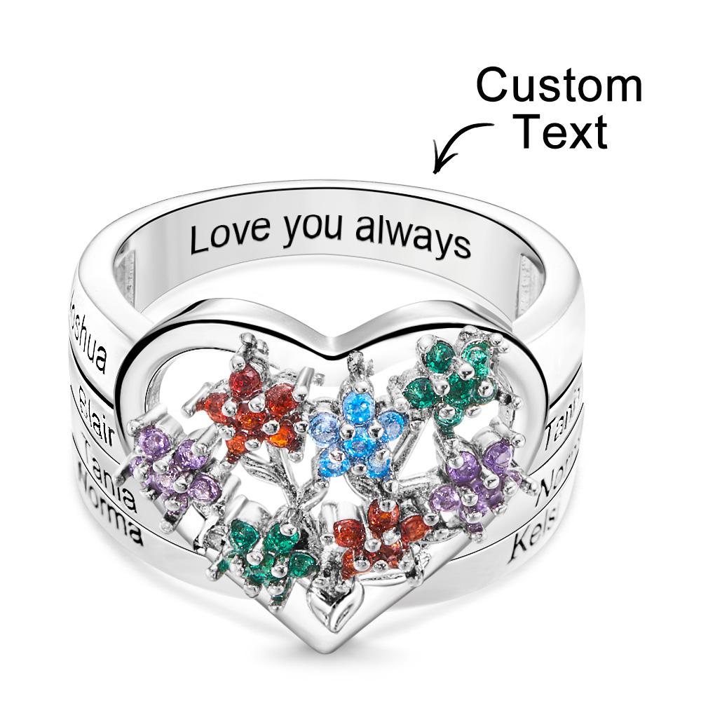 Custom Birthstone Engraved Rings Creative Flowers Silver Gifts