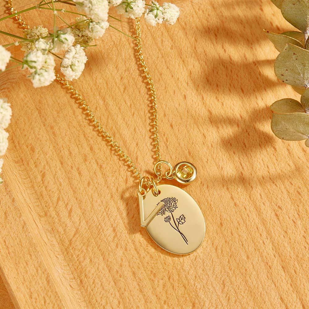 Personalized Text Birthstone Necklace Birth Flower Necklace Gift for Mom