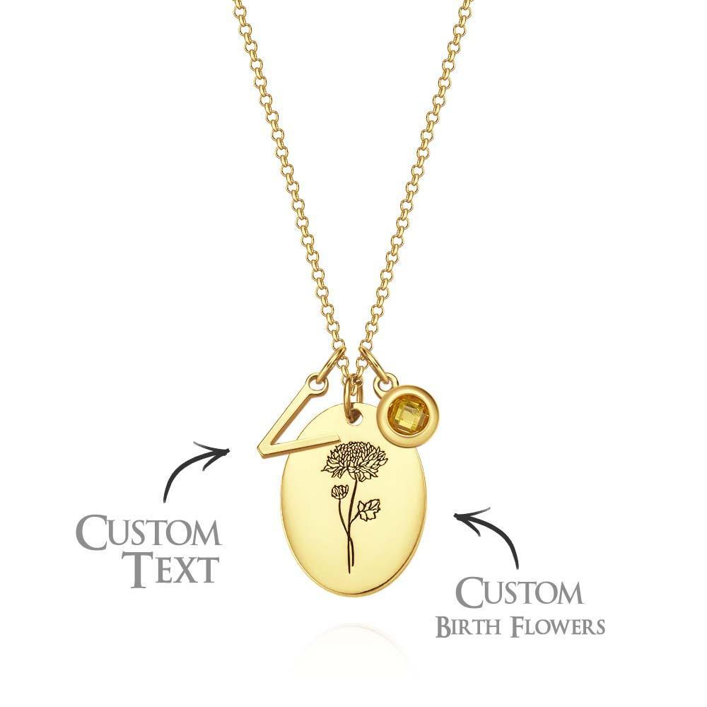 Personalized Text Birthstone Necklace Birth Flower Necklace Gift for Mom